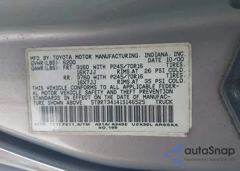2001 Toyota Tundra Sr5 V8 z USA, uszkodzony, nr VIN 5TBRT34141S146525